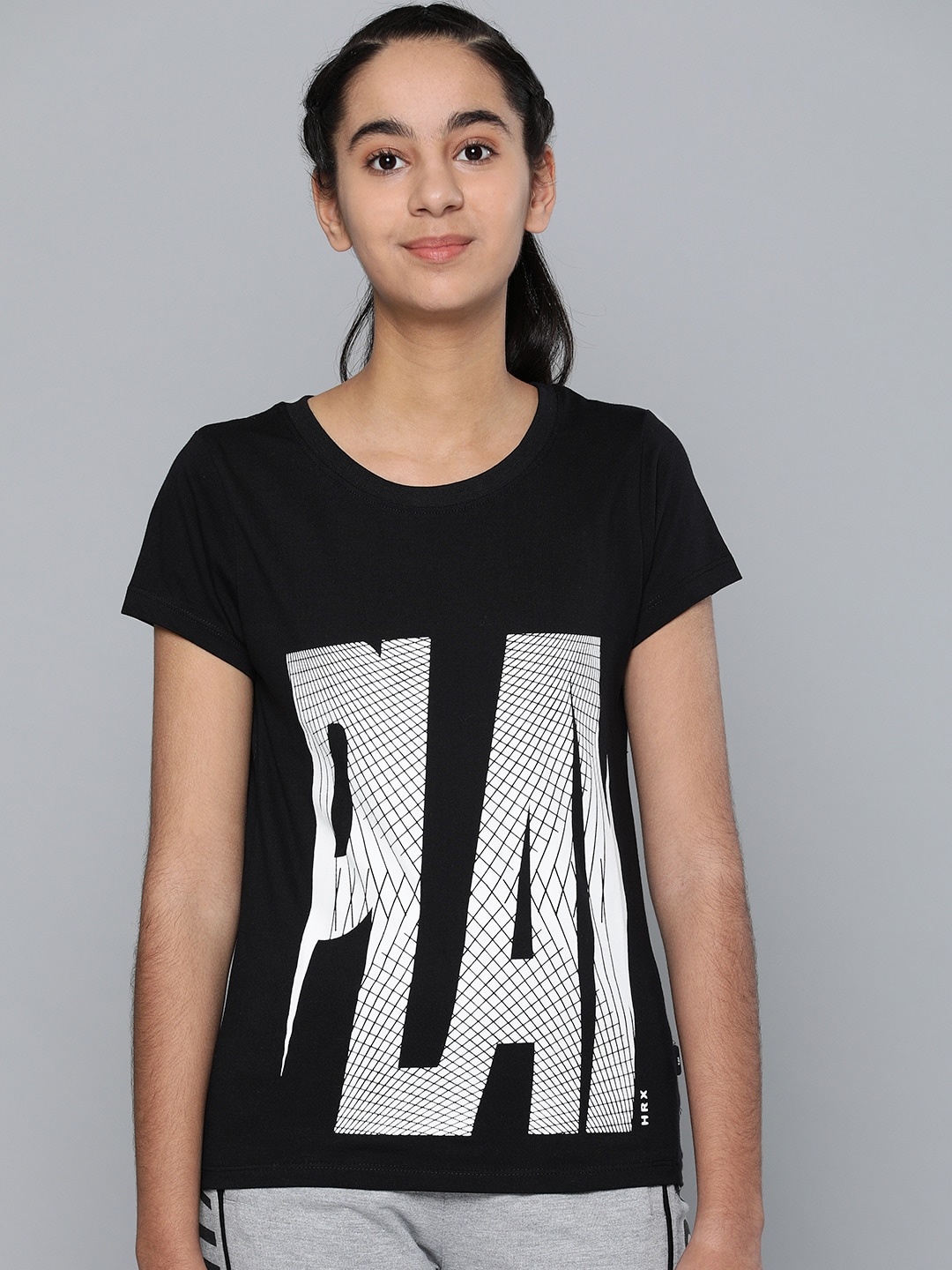 

HRX by Hrithik Roshan Girls Black Lifestyle Printed Round Neck Pure Cotton T-shirt