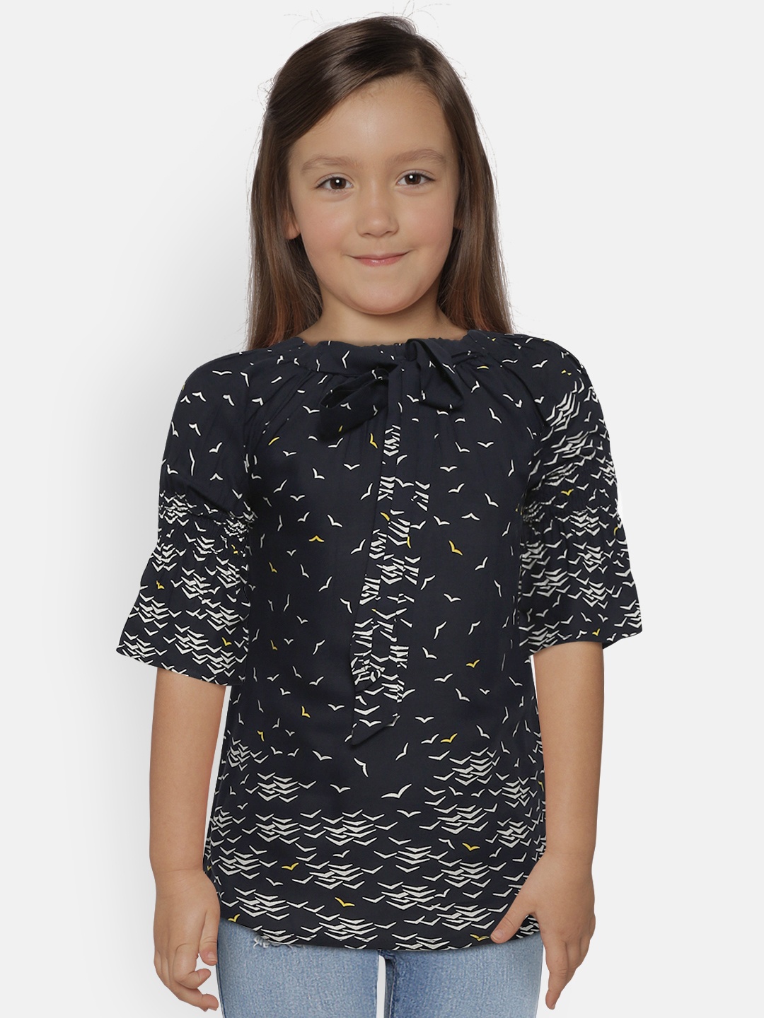 

Bella Moda Girls Navy Blue & White Printed Bardot Top