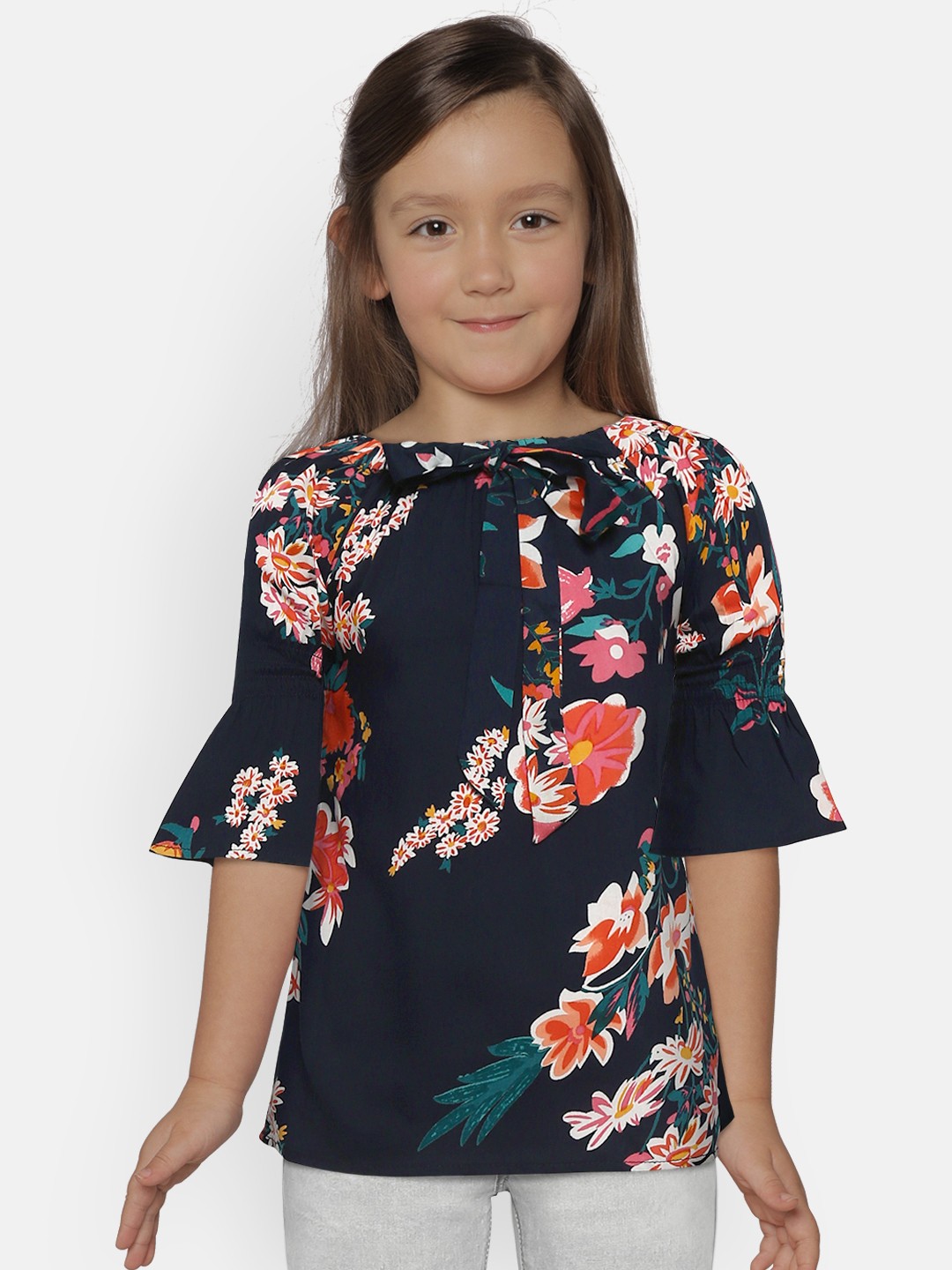 

Bella Moda Girls Navy Blue & Pink Printed Bardot Top