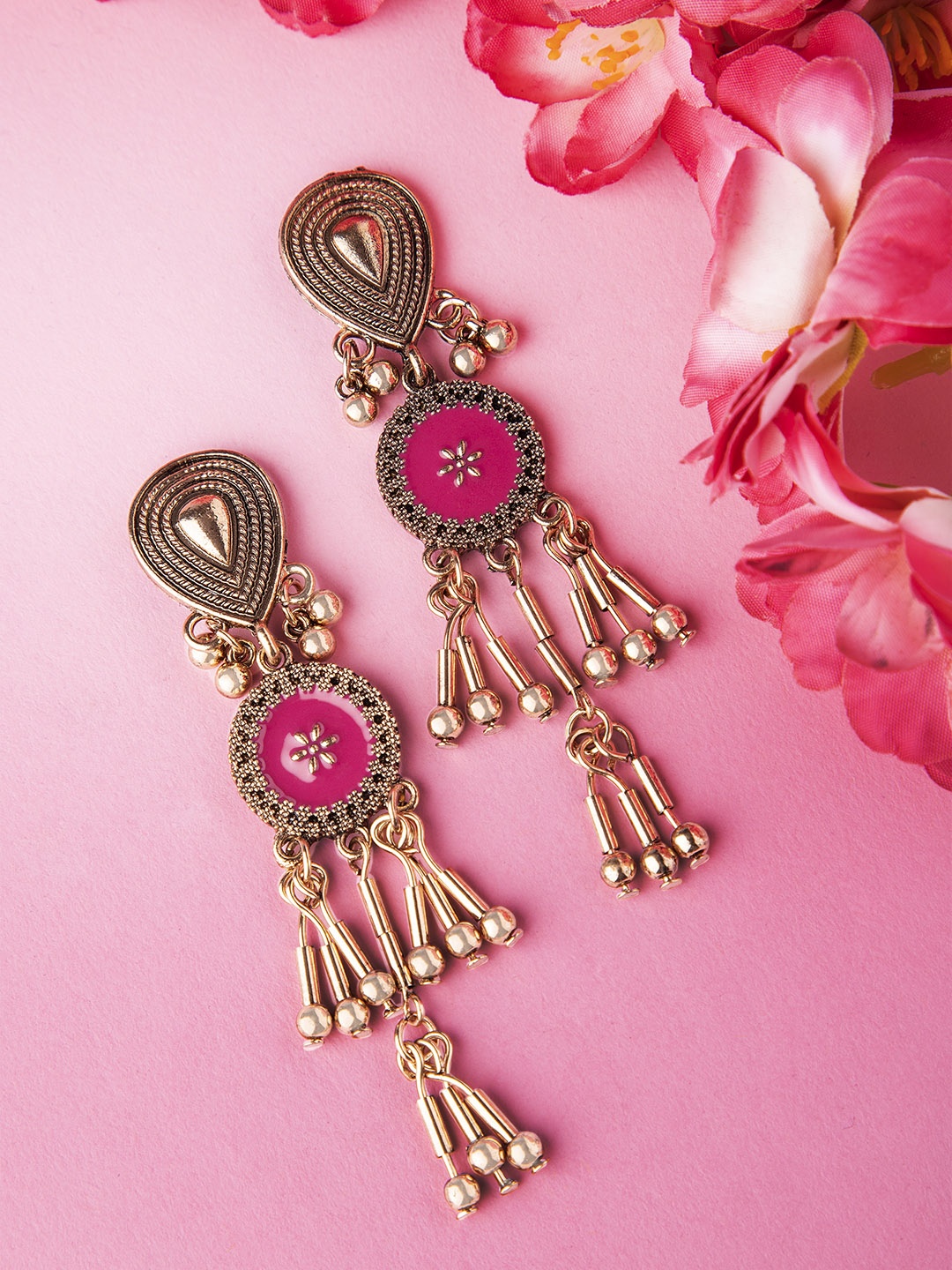 

Rubans Gold-Toned & Pink Classic Drop Earrings