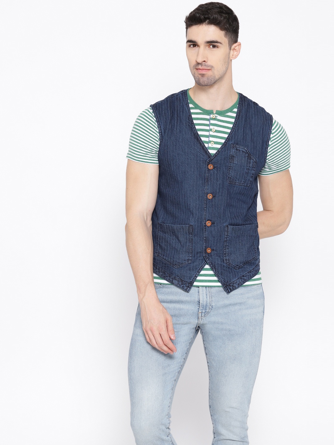 

Flying Machine Men Navy Blue Self-Striped Denim Pure Cotton Waistcoat