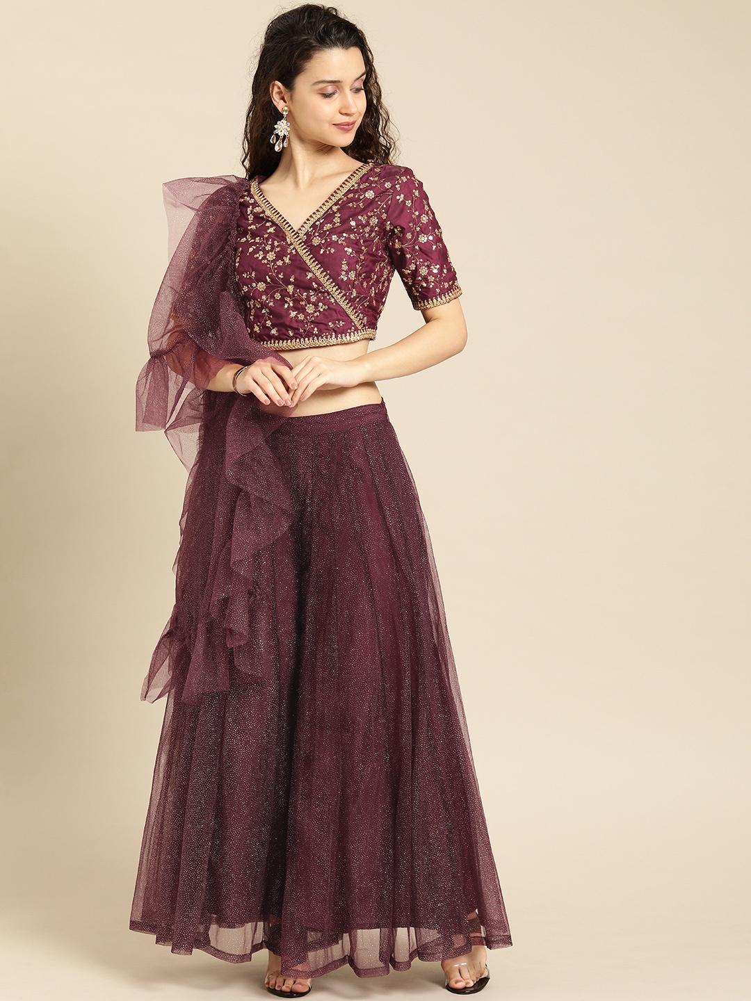 

IMARA Women Burgundy & Gold-Toned Embroidered Crop Top with Palazzos & Dupatta
