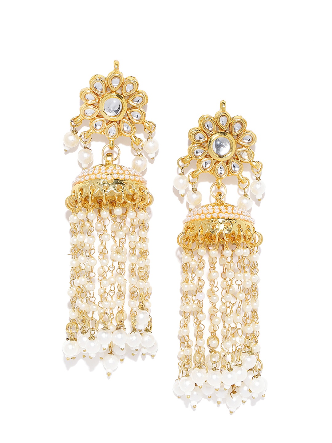 

Zobby White Gold-Plated Dome-Shaped Kundan-Studded Handcrafted Jhumkas