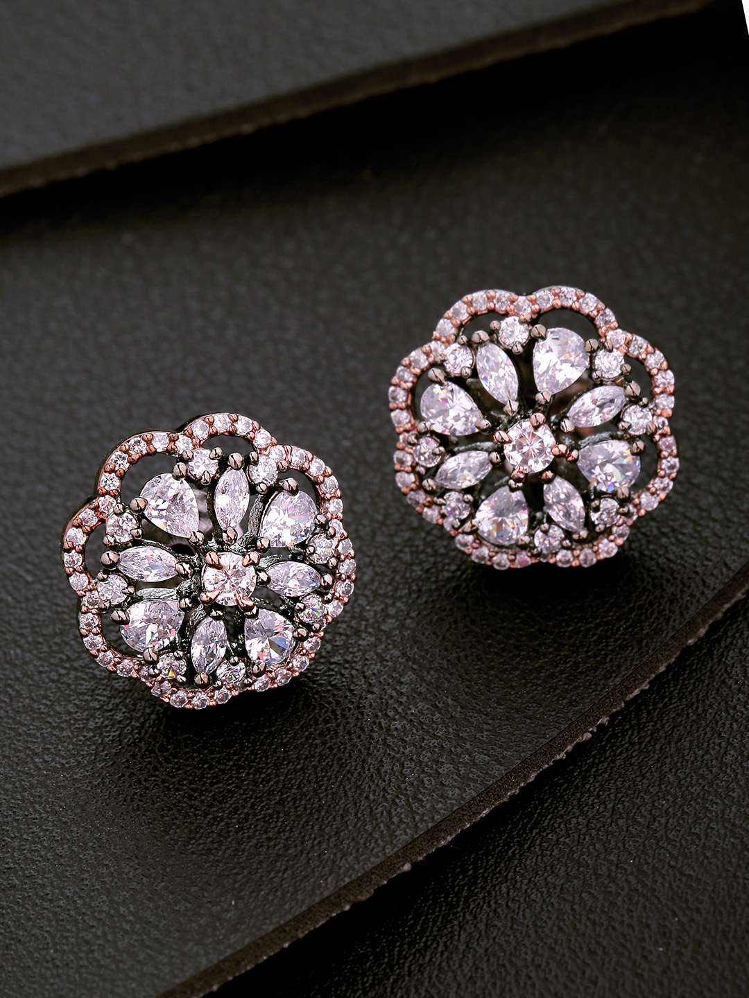 

Priyaasi Rose Gold-Toned Gunmetal-Plated Stone-Studded Handcrafted Floral Studs