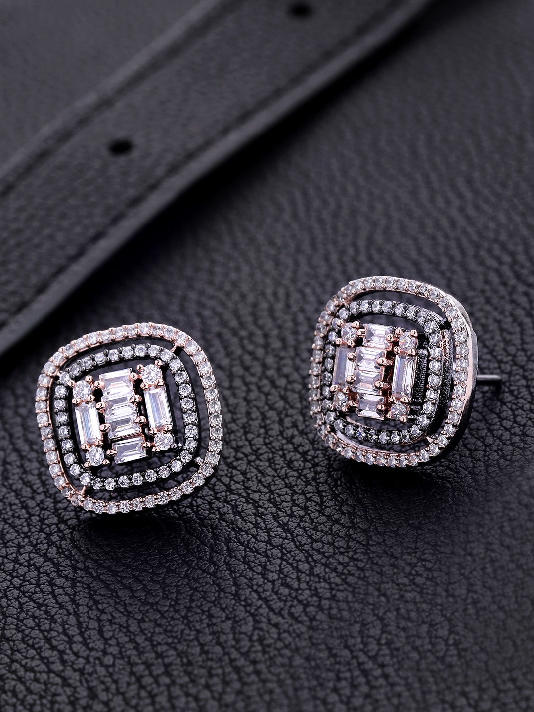 

Priyaasi Rose Gold-Toned Gunmetal-Plated Handcrafted Geometric AD Studs, Metallic