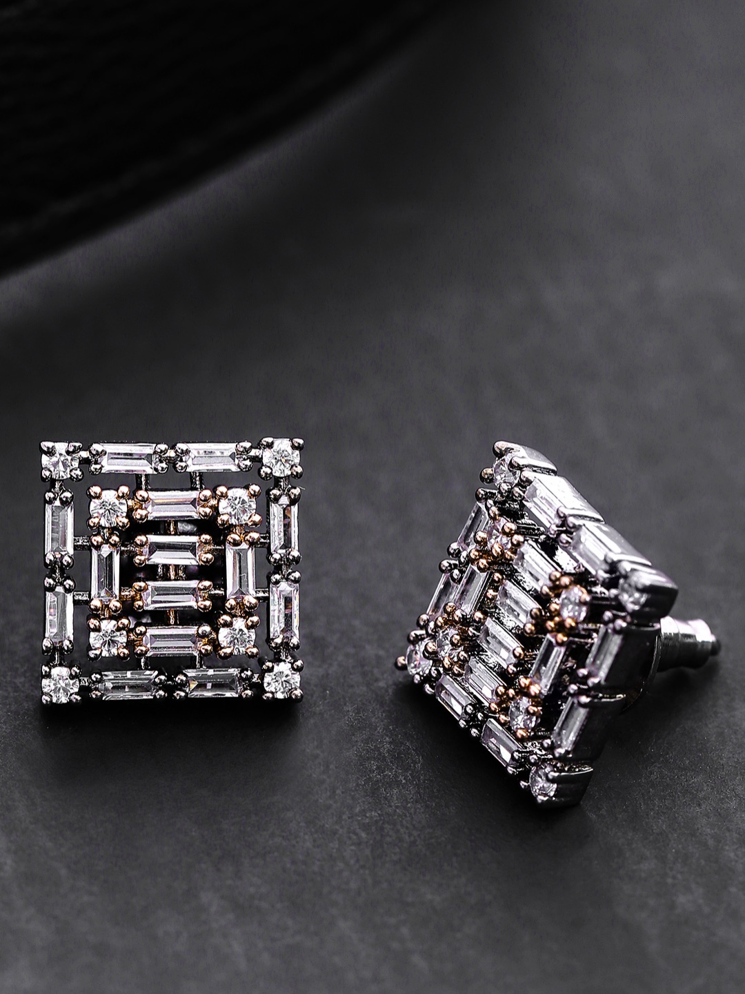 

Priyaasi Rose Gold-Toned Gunmetal-Plated Handcrafted Square AD Studs, Metallic