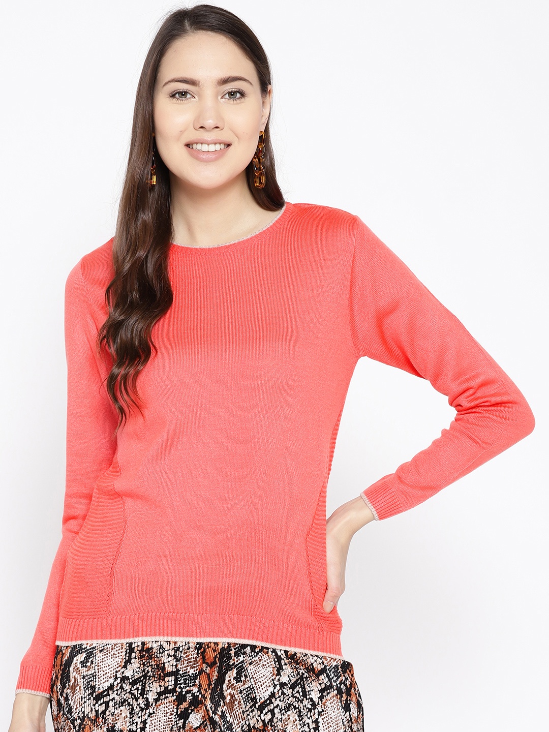 

Cayman Women Coral Pink Solid Sweater