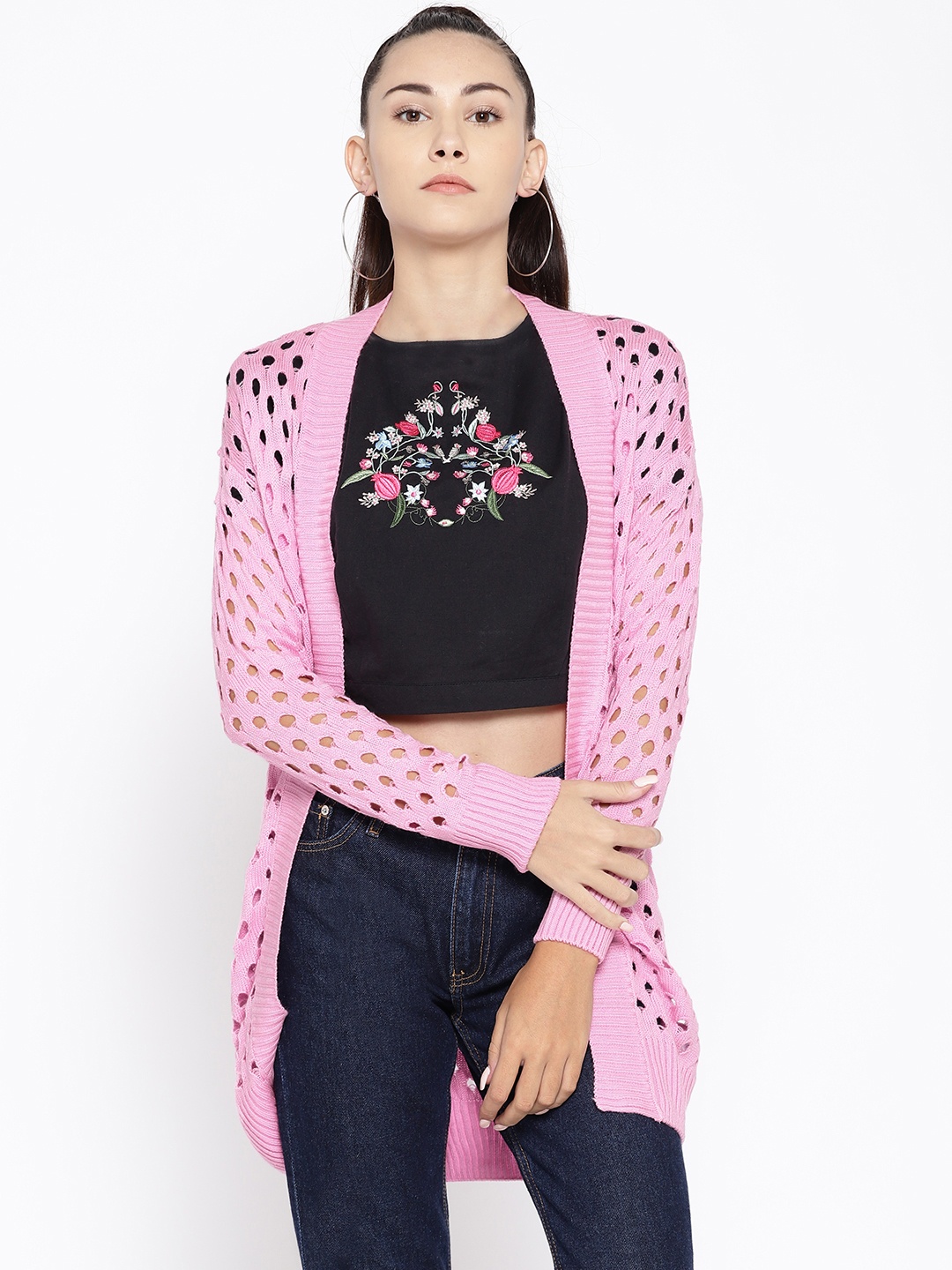 

Cayman Women Pink Self Design Open Knit Woollen Sweater