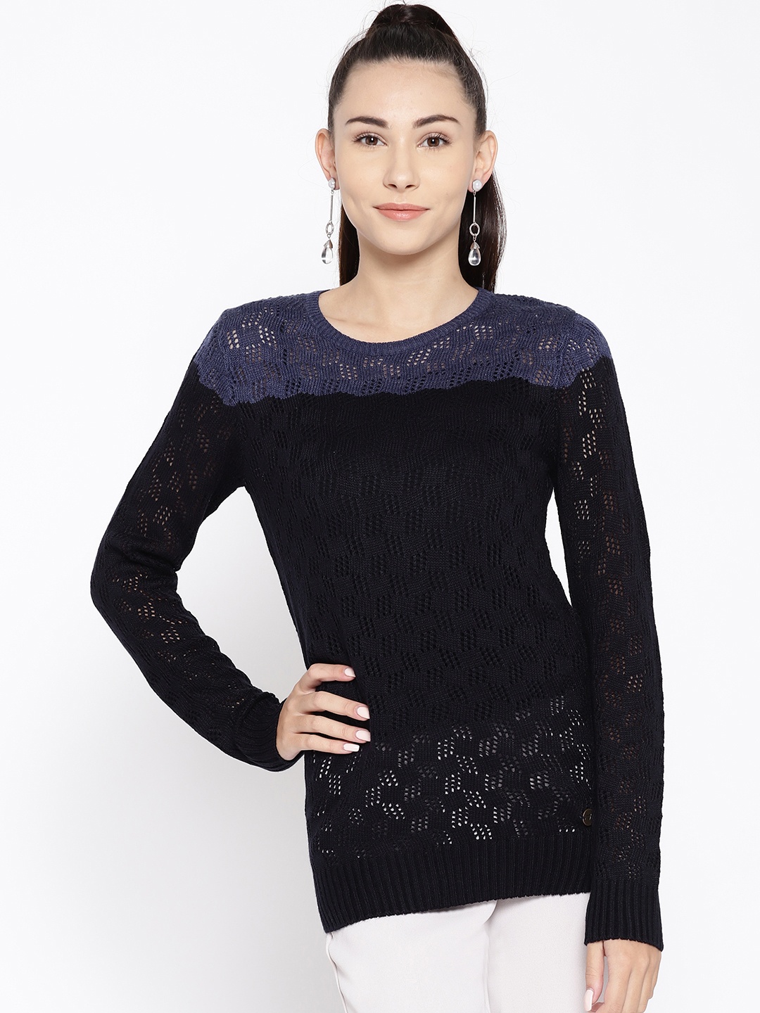 

Cayman Women Black & Blue Colourblocked Woollen Open Knit Sweater