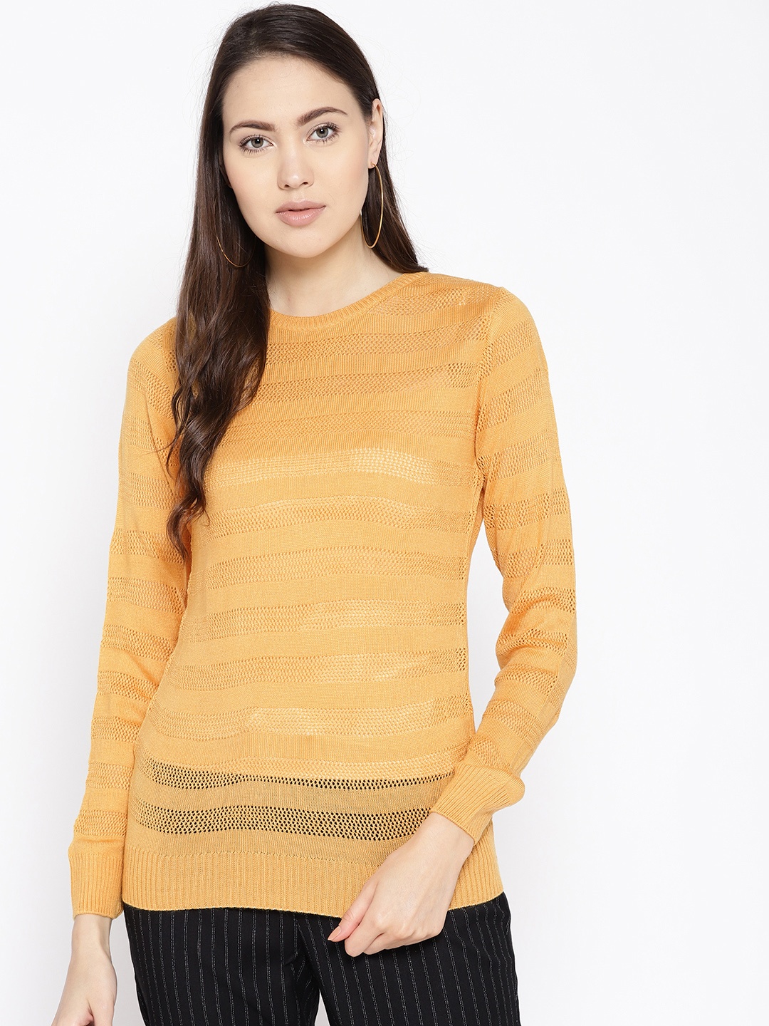 

Cayman Women Mustard Yellow Self Striped Sweater