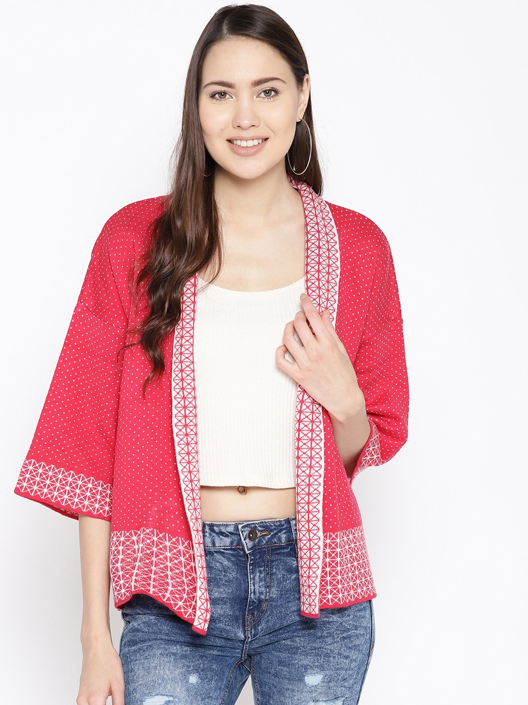 

Cayman Women Pink & White Wool Self Design Open-Front Sweater