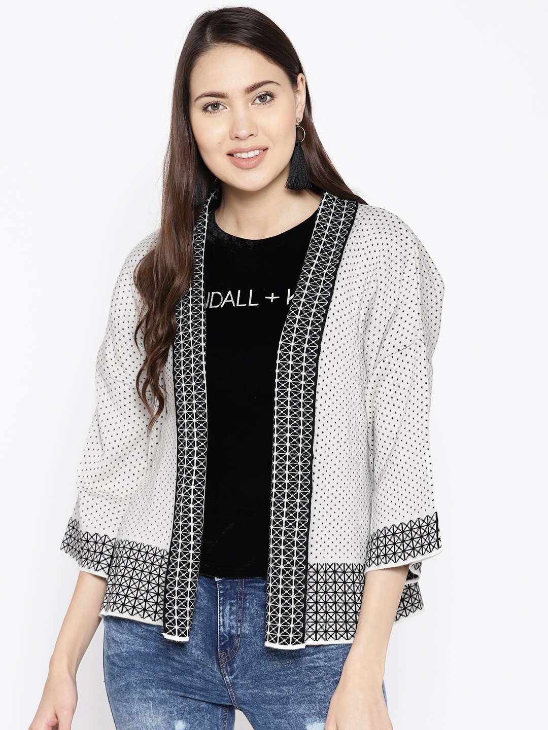 

Cayman Women Off-White & Black Wool Self Design Front-Open Sweater