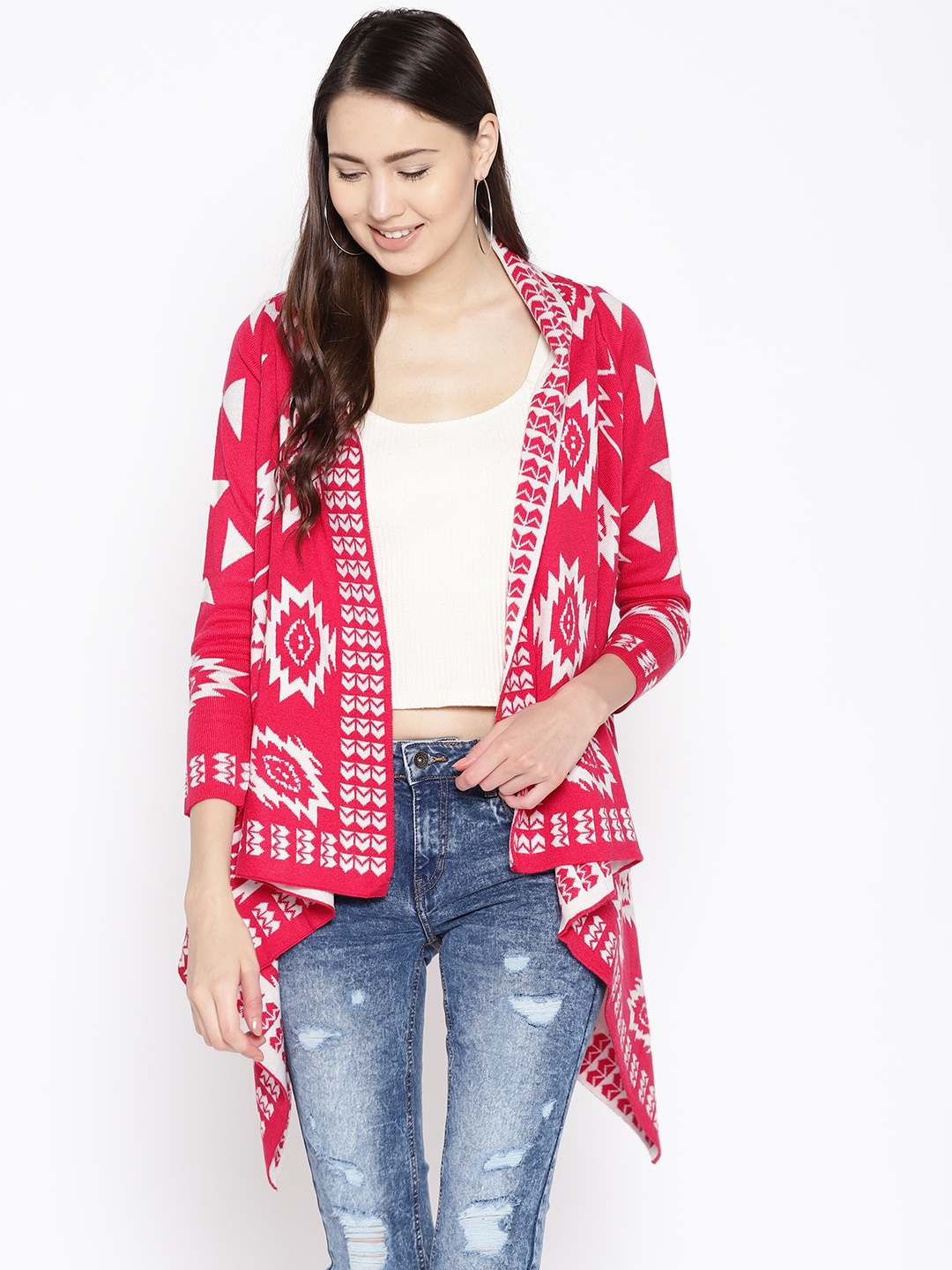 

Cayman Women Pink & White Wool Self Design Open-Front Sweater