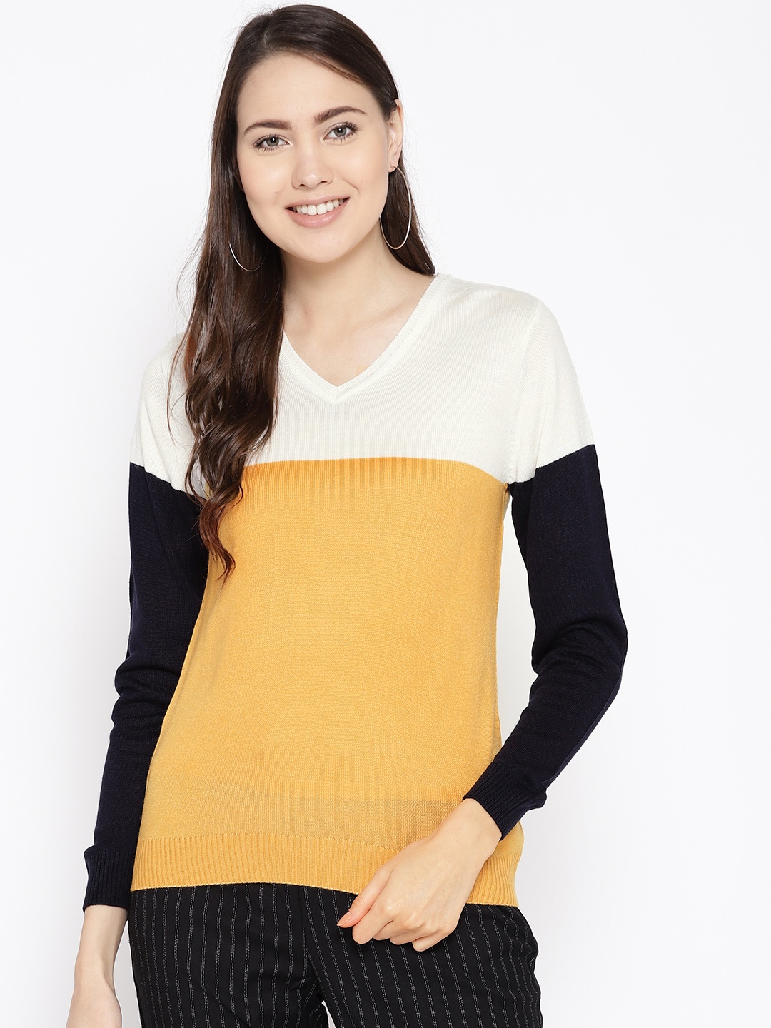 

Cayman Women Mustard Yellow & Off-White Colourblocked Sweater