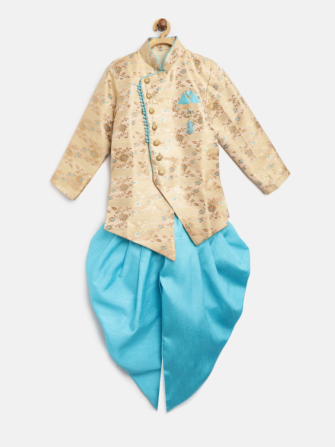 

Ahhaaaa Boys Beige & Blue Silk Patterned Sherwani