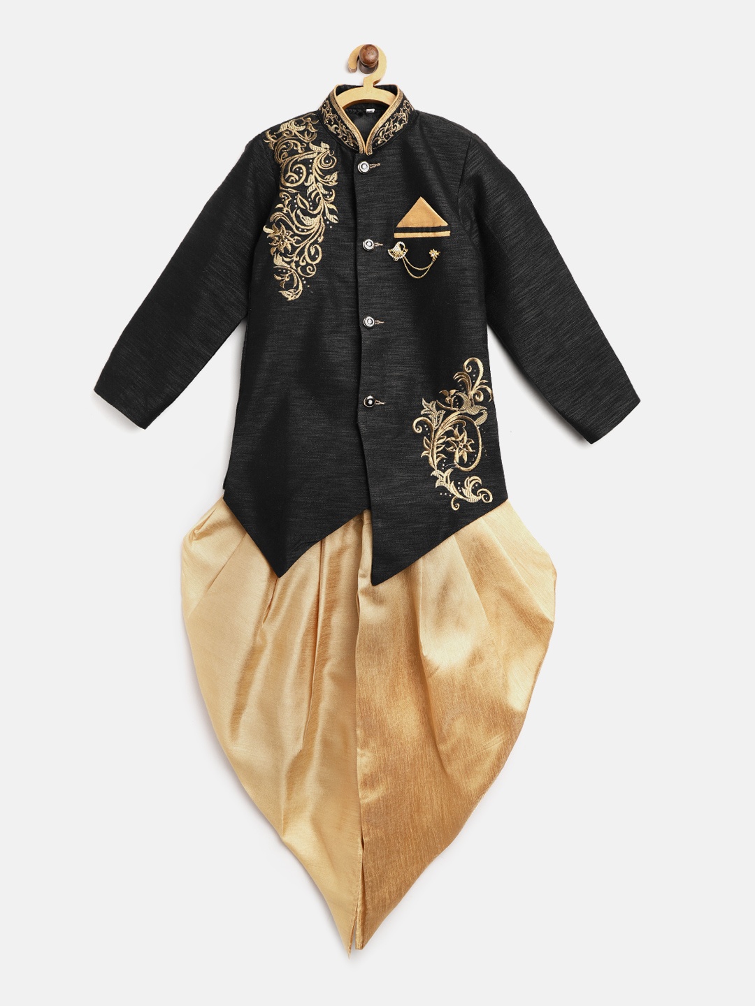 

Ahhaaaa Boys Black & Golden Silk Embroidered Sherwani