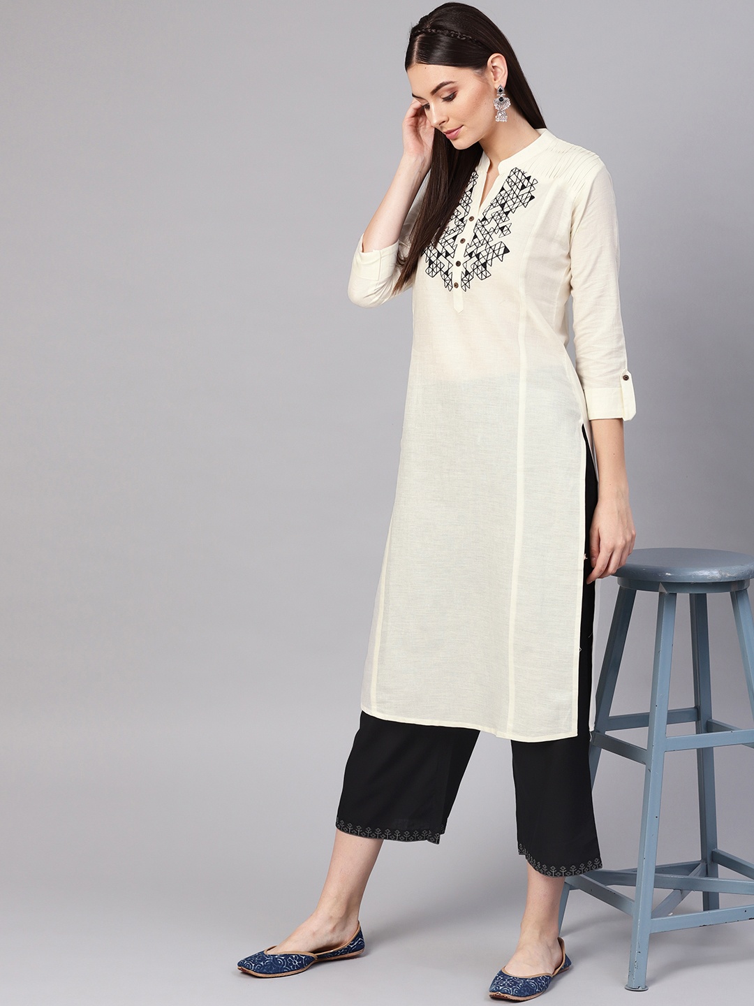 

Indo Era Women Cream-Coloured & Black Yoke Design Straight Kurta