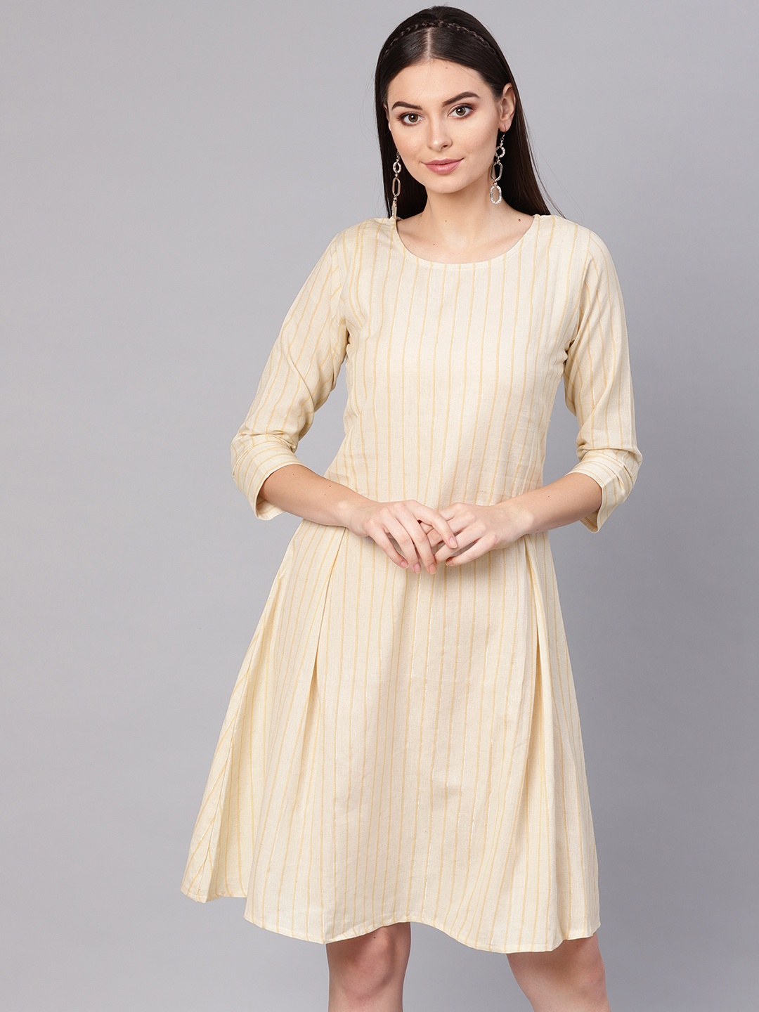 

Indo Era Women Cream-Coloured & Yellow Striped A-Line Dress, Off white