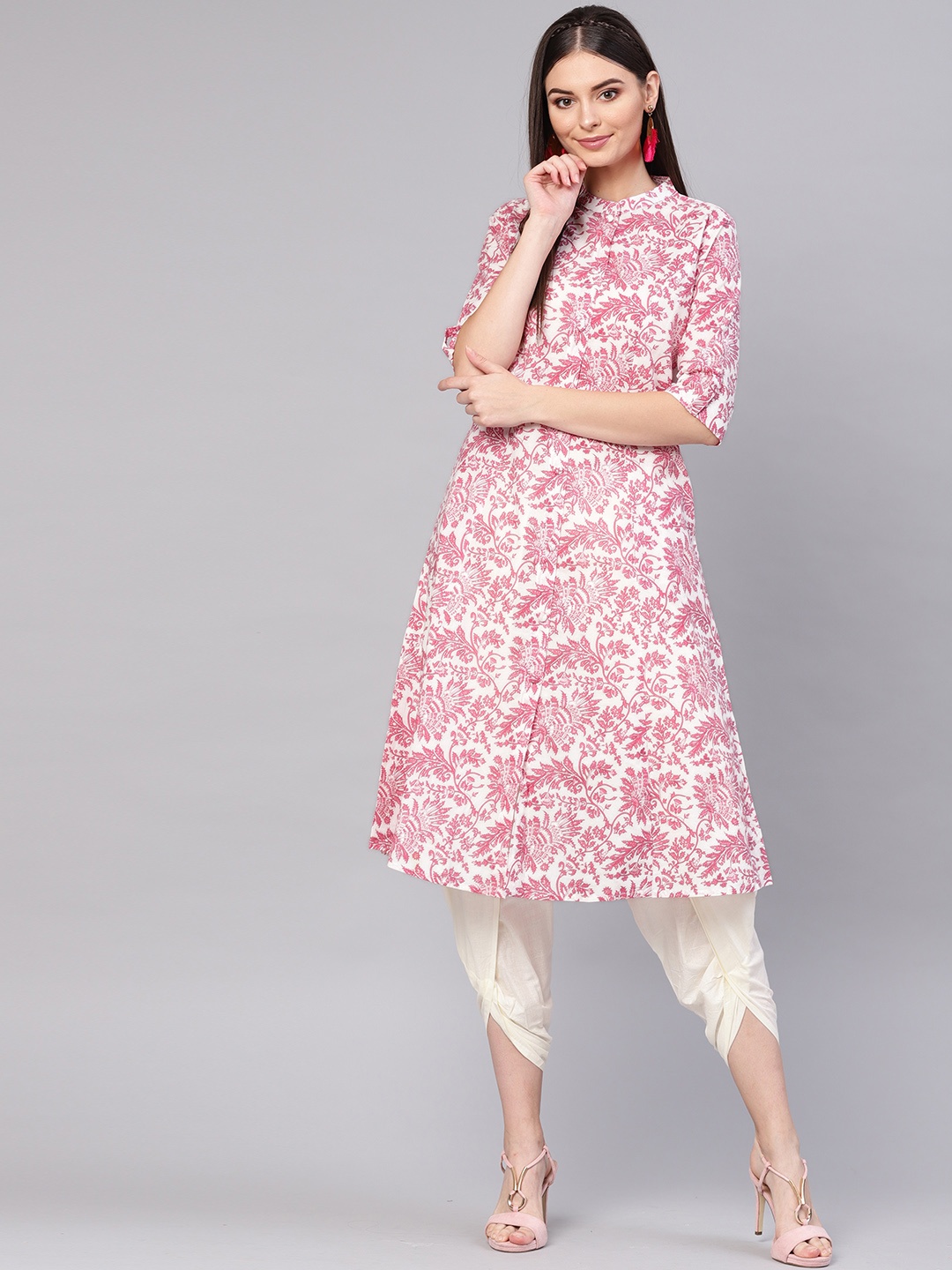

Indo Era Women Pink & White Floral Print A-Line Kurta