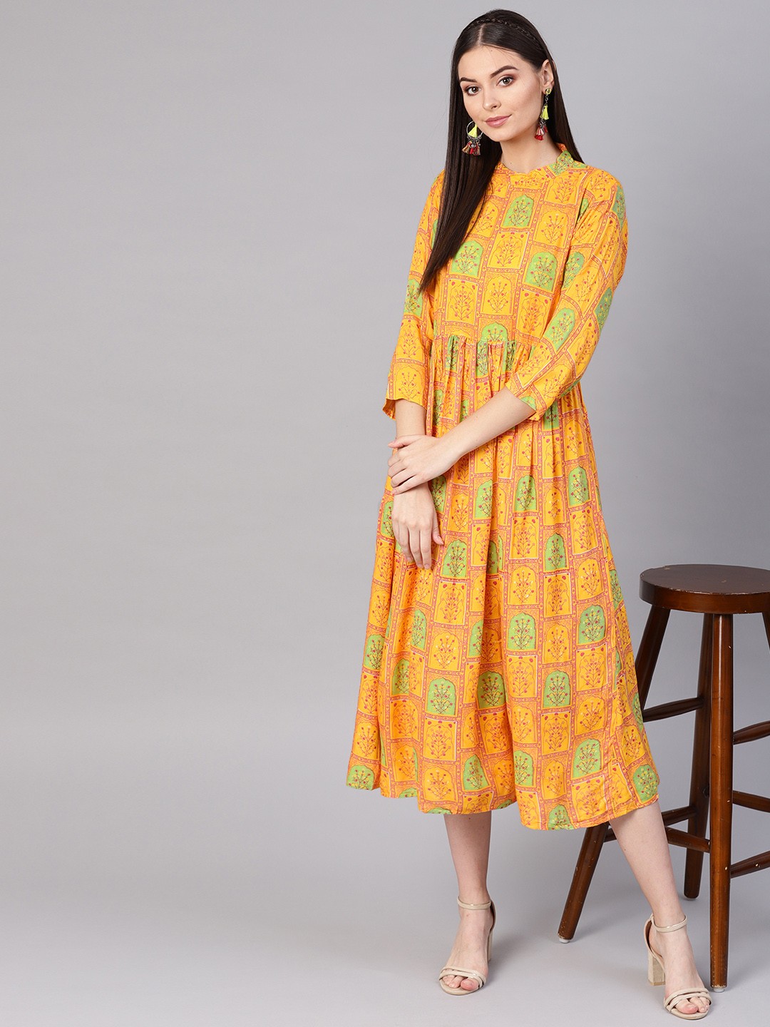 

Indo Era Women Yellow & Green Printed A-Line Dress
