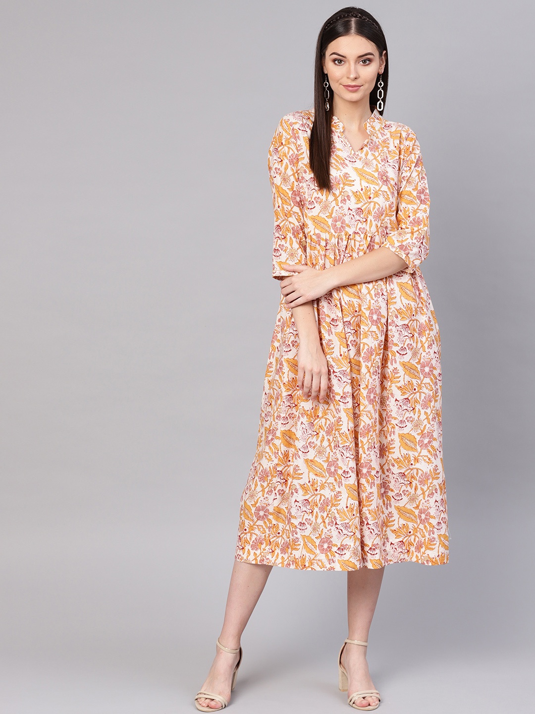 

Indo Era Women Off-White & Mustard Yellow Floral Print A-Line Dress