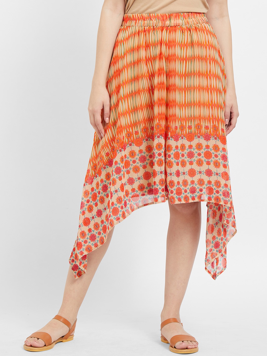 

109F Women Orange Printed High Low Skirt