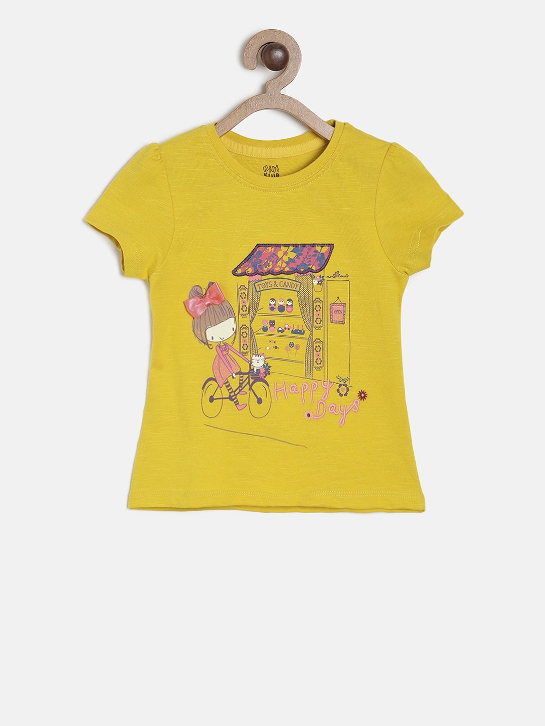 

MINI KLUB Girls Yellow Conversational Printed Pure Cotton Top