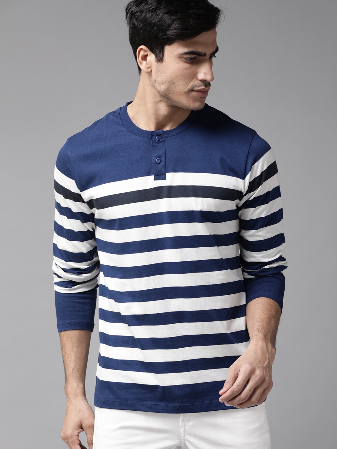 

The Roadster Lifestyle Co Men Navy Blue & White Striped Henley Neck T-shirt