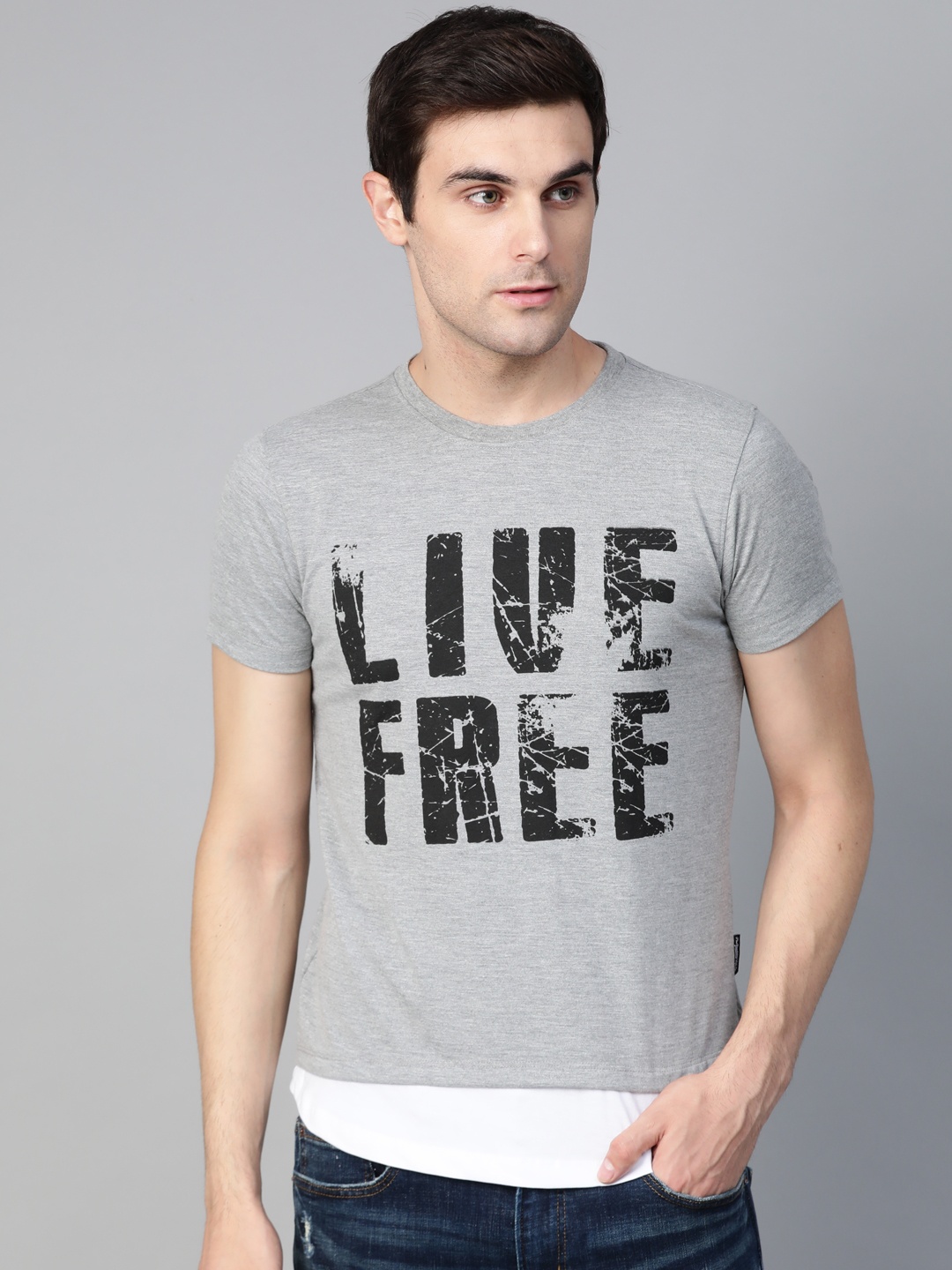 

The Roadster Lifestyle Co Men Grey Melange Printed Round Neck T-shirt