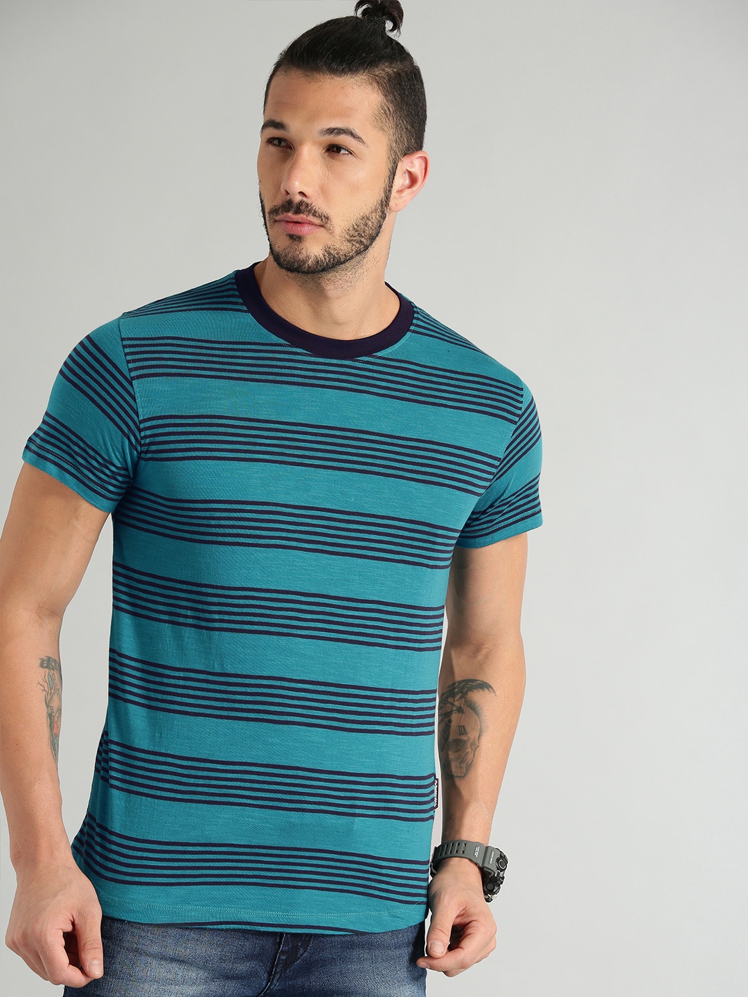 

The Roadster Lifestyle Co Men Teal Blue Black Striped Round Neck Pure Cotton T-shirt