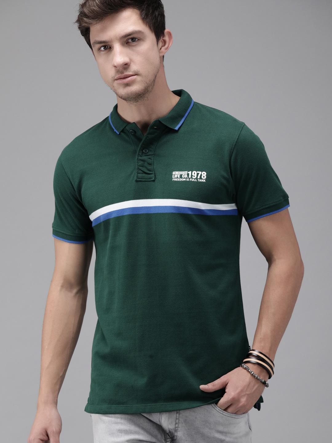 

The Roadster Lifestyle Co Men Green Striped Polo Collar Pure Cotton T-shirt