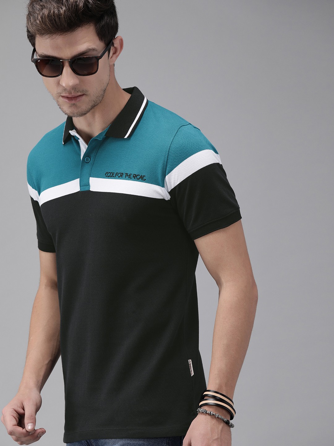 

The Roadster Lifestyle Co Men Black Turquoise Blue Striped Polo Collar Pure Cotton T-shirt