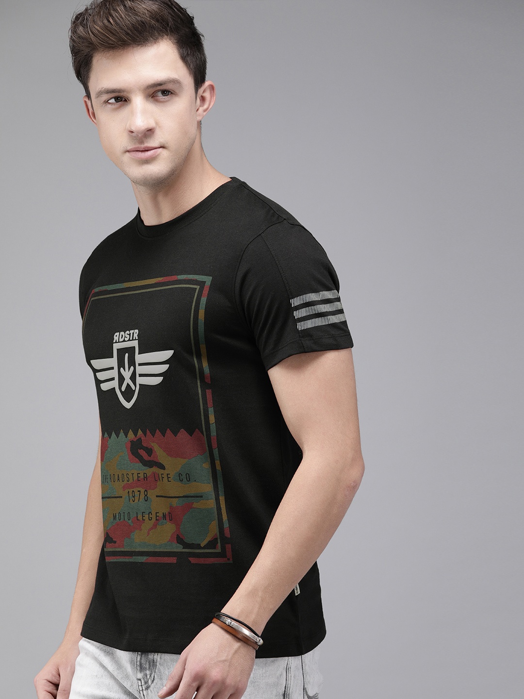 

Roadster Men Black Printed Round Neck Pure Cotton T-shirt