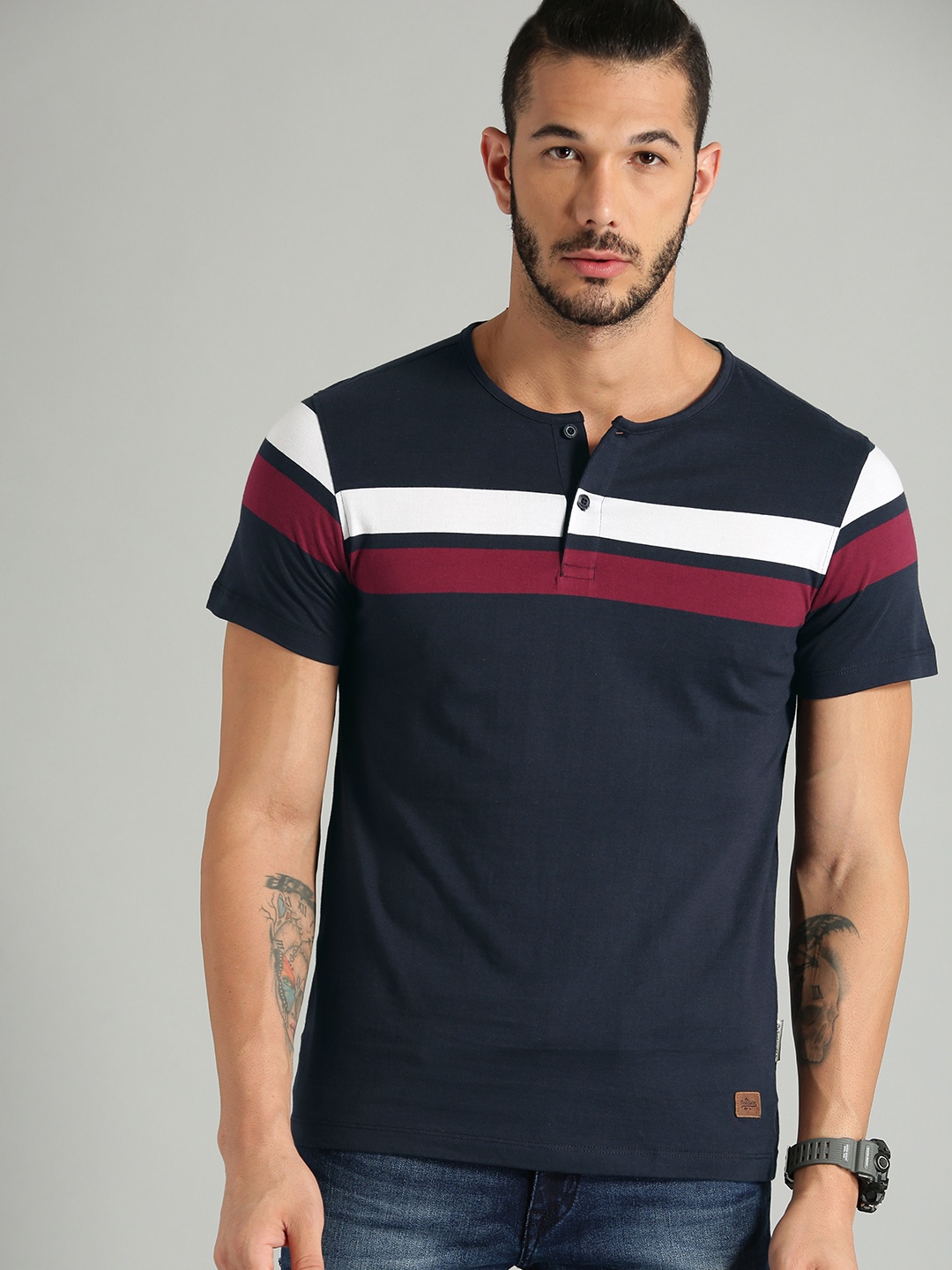

The Roadster Lifestyle Co Men Navy Blue & White Striped Henley Neck T-shirt
