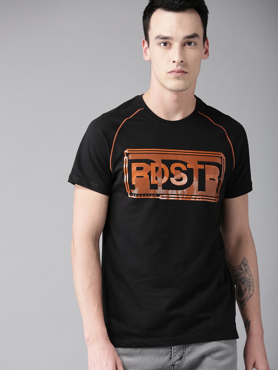 

The Roadster Lifestyle Co Men Black & Rust Orange Printed T-shirt