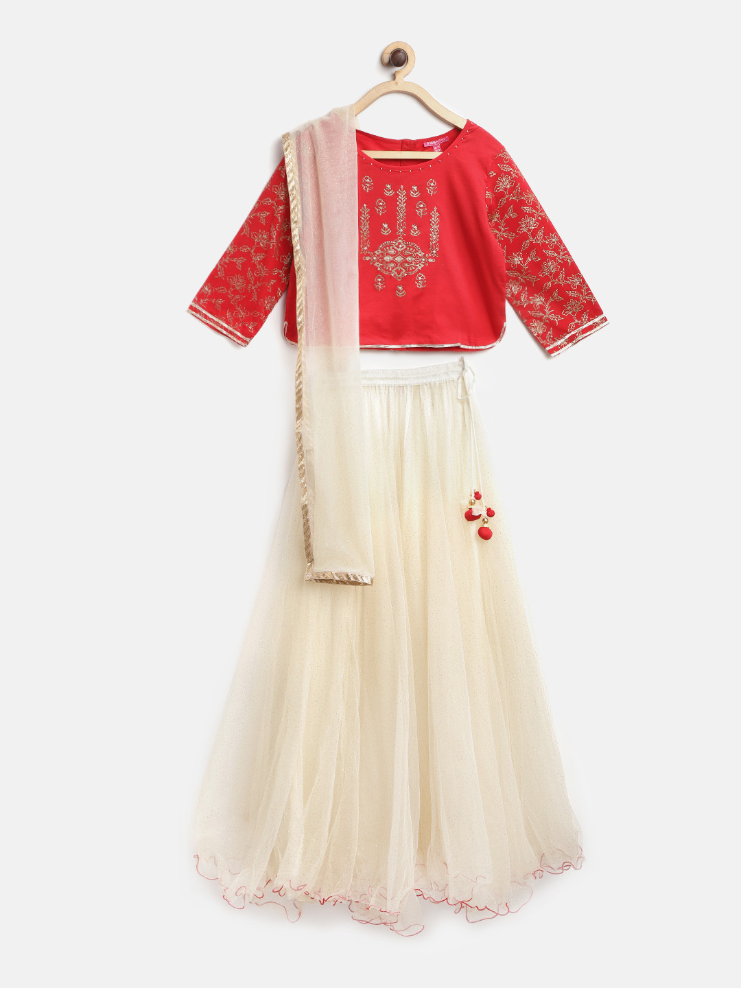 

Biba Girls Cream-Coloured & Red Printed Ready to Wear Pattu Pavadai with Dupatta