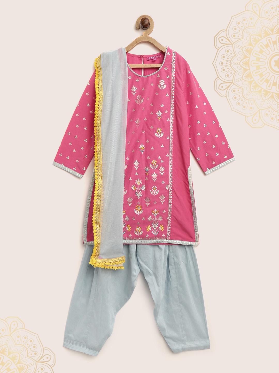 

Biba Girls Pink & Blue Printed Panelled Straight Kurta with Salwar & Dupatta