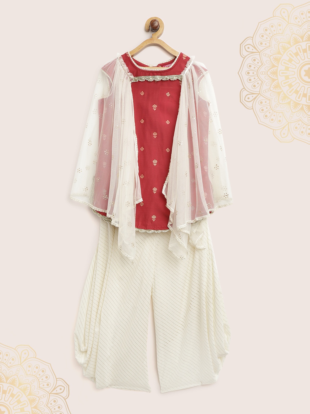 

Biba Girls Red & Off-White Printed Kurta with Palazzos & Cape