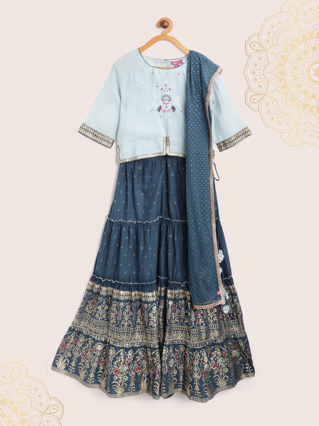 

Biba Girls Teal Blue & Golden Ready to Wear Printed Lehenga & Blouse with Dupatta