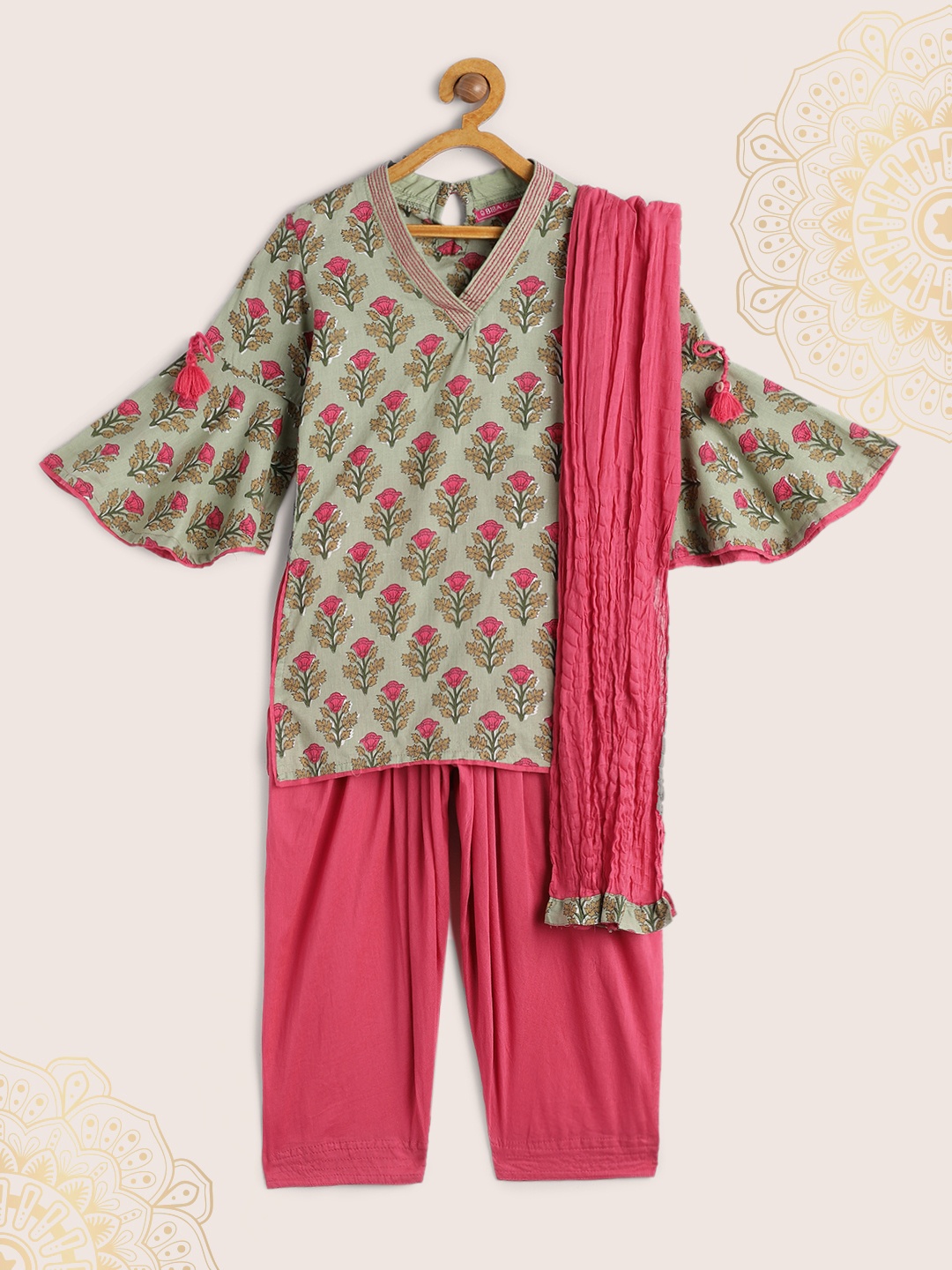 

Biba Girls Green & Pink Printed Kurta with Patiala & Dupatta