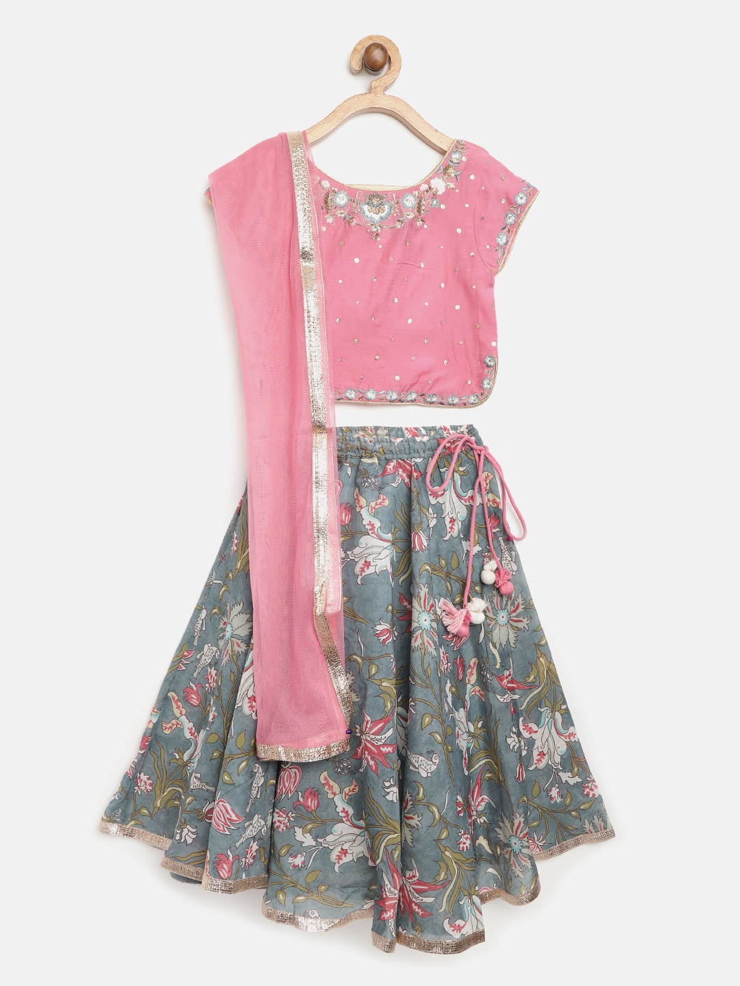 

Biba Girls Green & Pink Printed Ready to Wear Lehenga & Sequinned Blouse with Dupatta