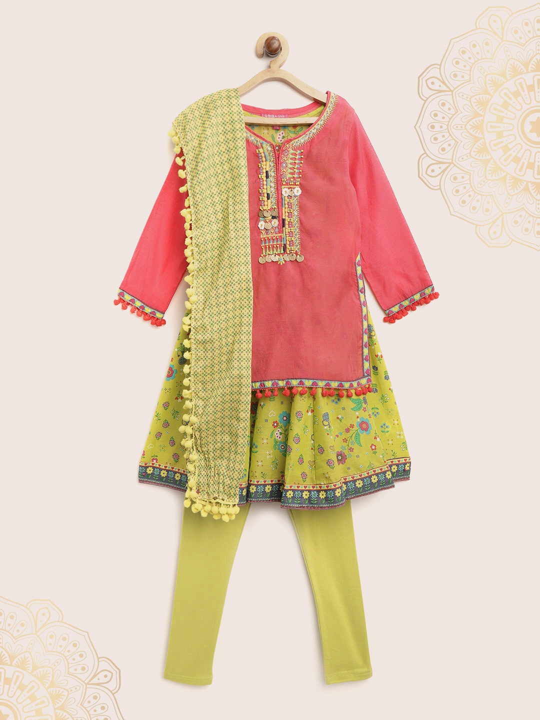 

Biba Girls Pink & Olive Green Printed Layered A-Line Kurta with Churidar & Dupatta