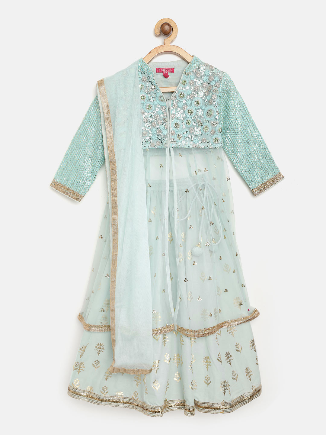 

Biba Girls Sea Green & Golden Embroidered Kurta with Skirt & Dupatta