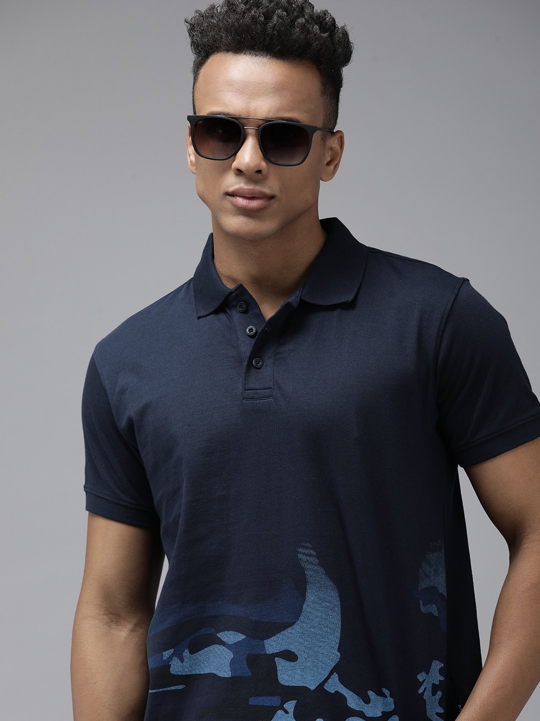 

Roadster Men Navy Blue Camouflage Printed Pure Cotton Polo Collar T-shirt