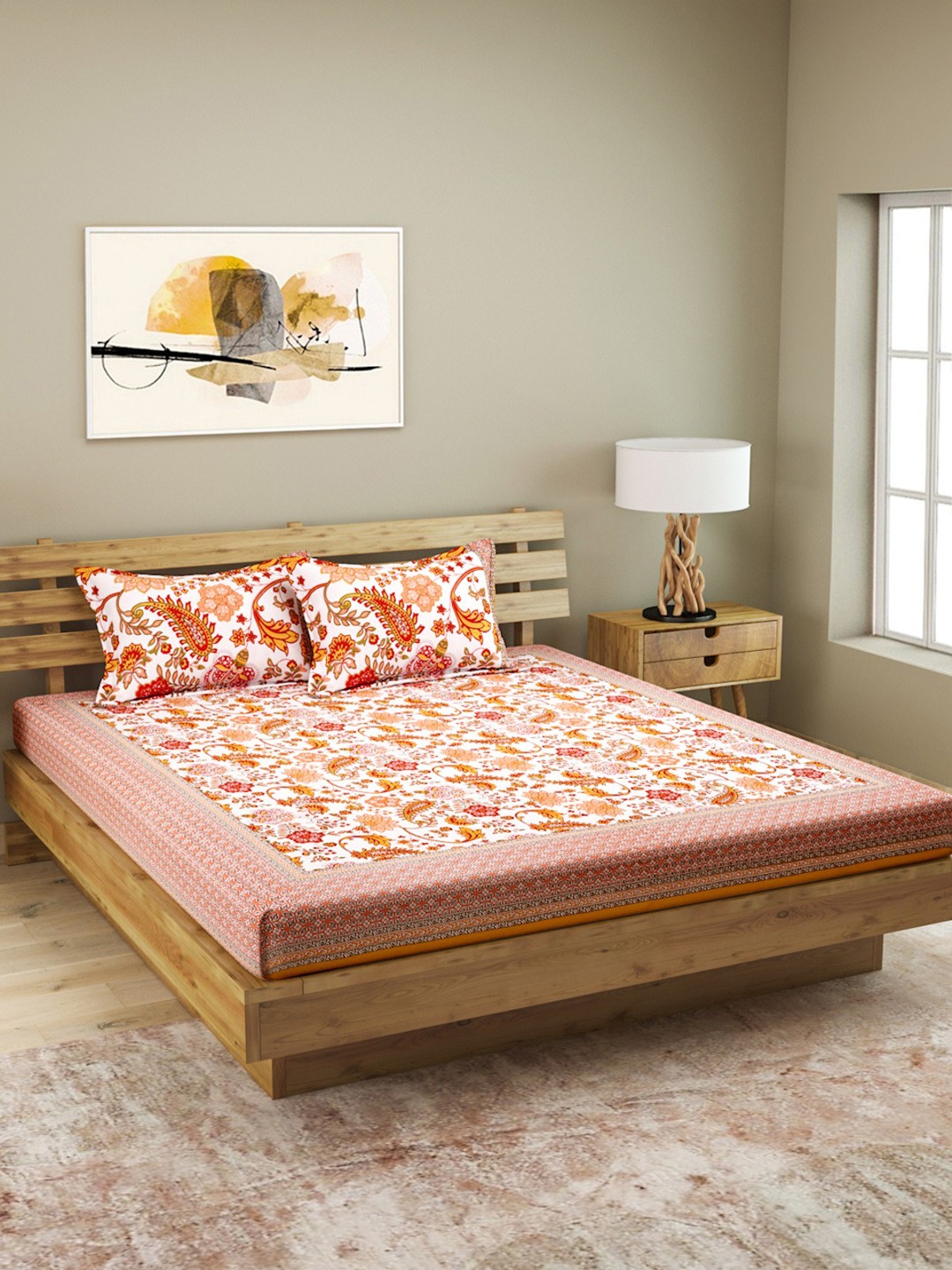 

ROMEE White & Red Floral 210 TC Cotton 1 King Bedsheet with 2 Pillow Covers