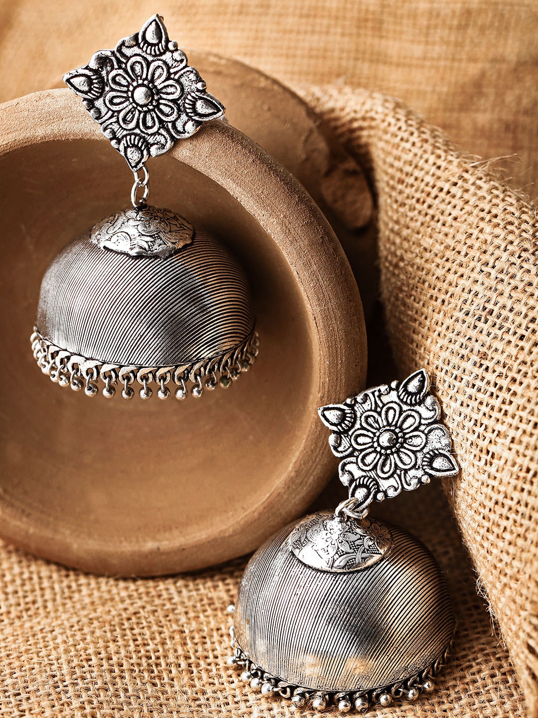 

FIROZA Silver-Toned Oxidised Dome Shaped Jhumkas