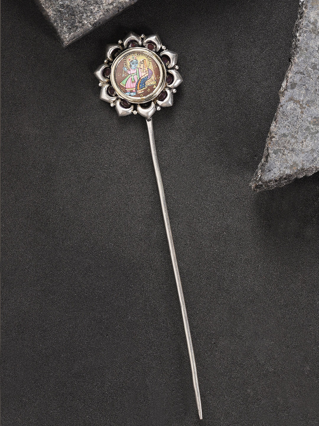 

FIROZA Brown & Silver-Toned Handcrafted Oxidized Textured Bun Pin