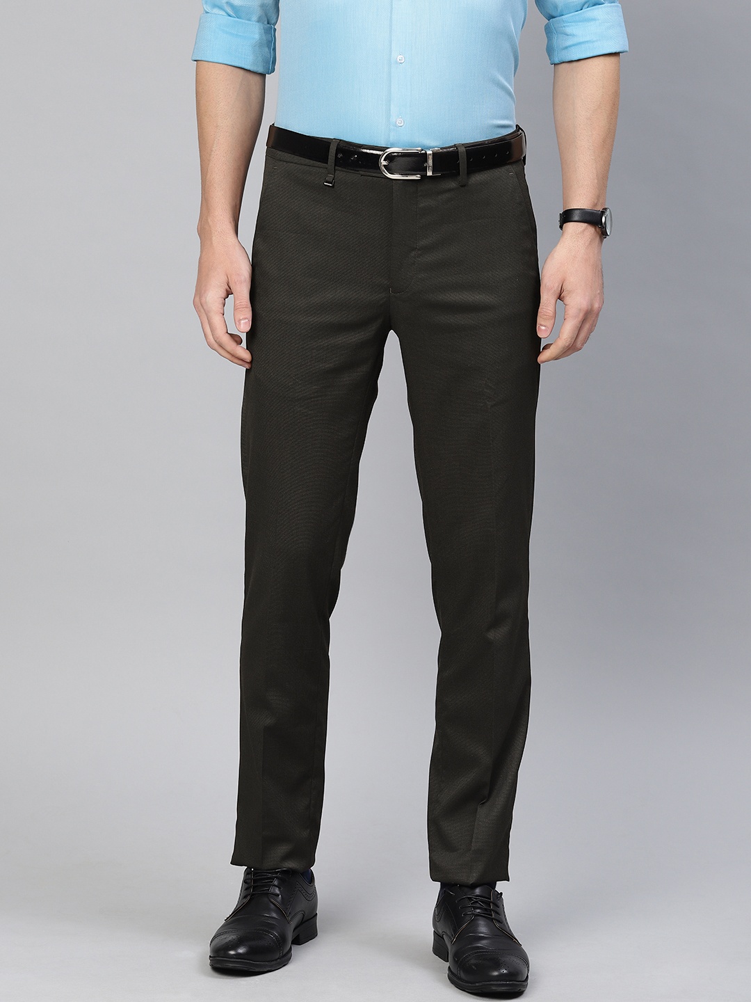 

Van Heusen Men Green Slim Fit Solid Formal Trousers
