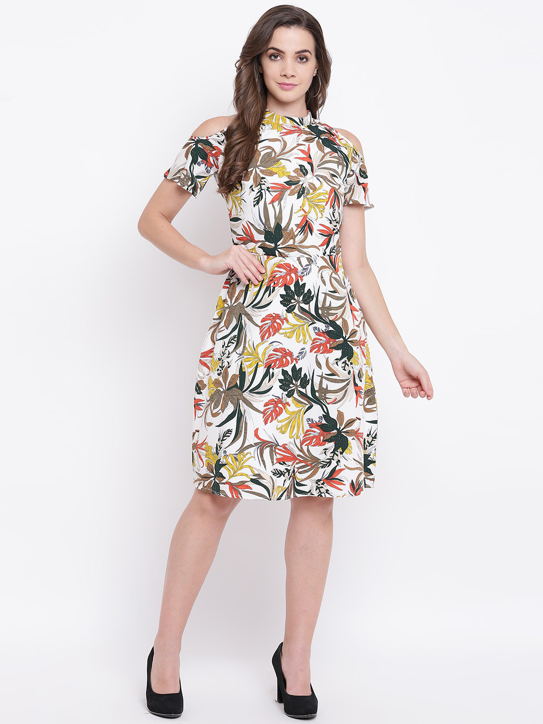 

Deewa Women Off-White & Green Tropical Printed A-Line Dress