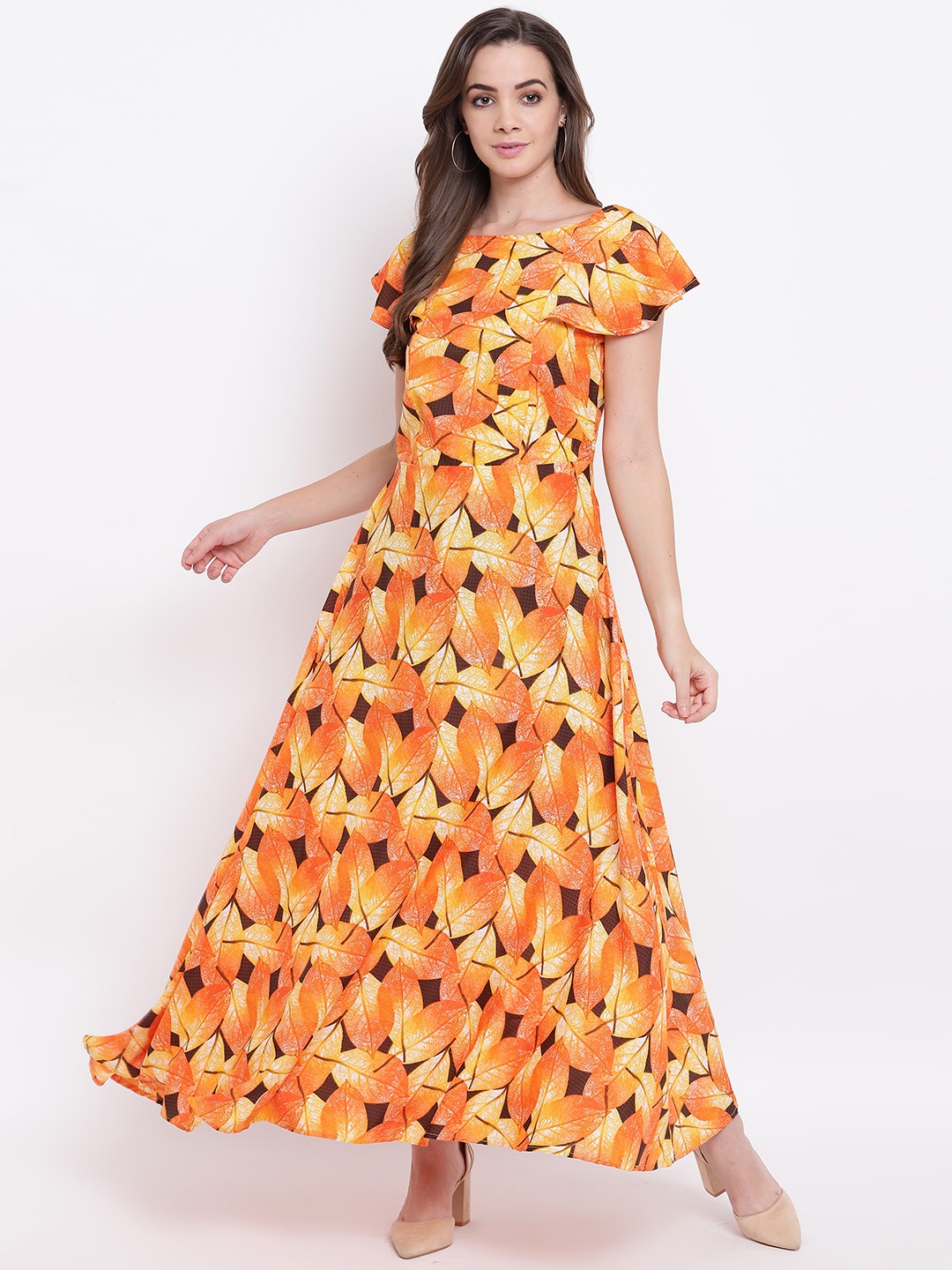 

Deewa Women Orange & Brown Leaf Print Maxi Dress